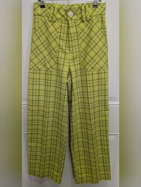 twik Chartreuse Plaid Wide-Leg Pants